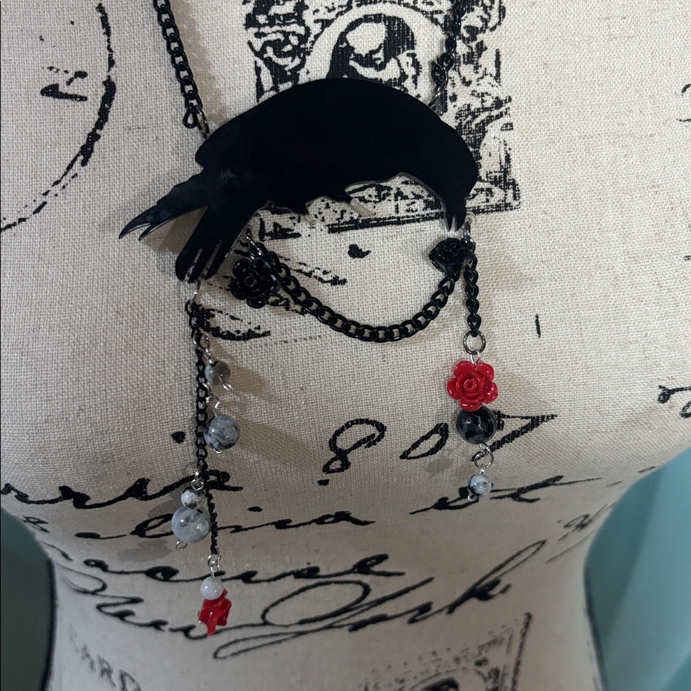Edgar Allan Poe Raven Necklace Handmade Moonstone Gothic Jewelry Dark Academia